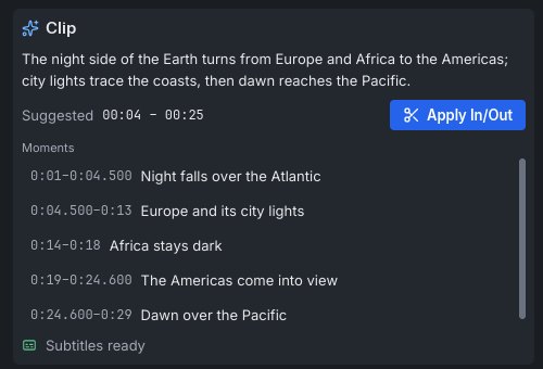 The Clip panel: the AI's summary, Suggested 00:04 – 00:25 with an Apply In/Out button, and five moments with their times