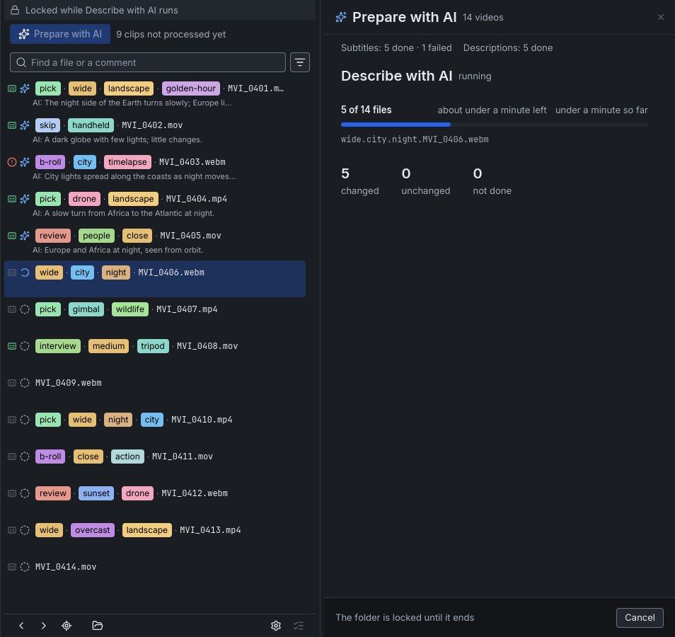 The file list while Prepare with AI runs: subtitle and description badges done, running, waiting or failed on each row