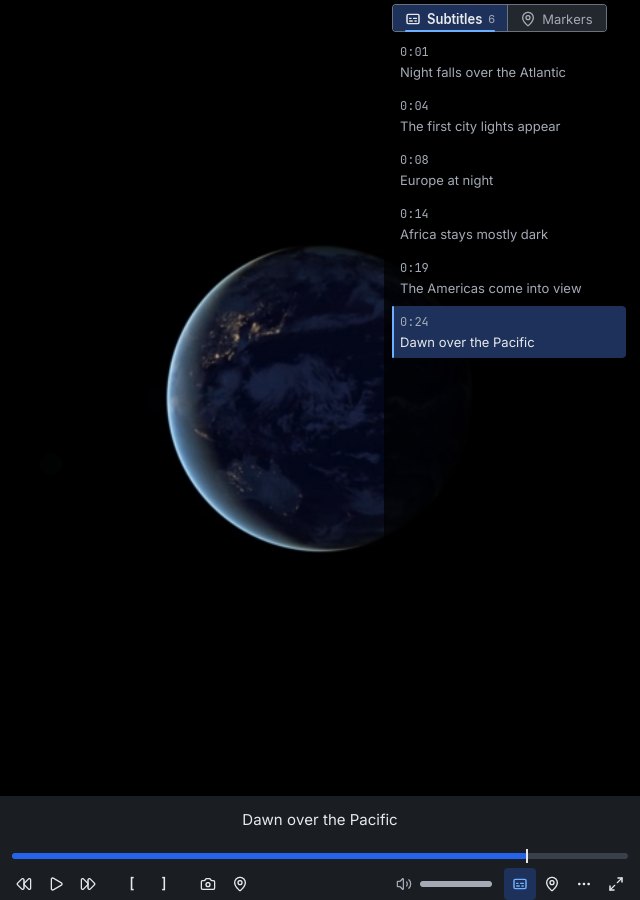 The frename player with its subtitle list open over the picture; the current line, Dawn over the Pacific, is highlighted and shown under the picture